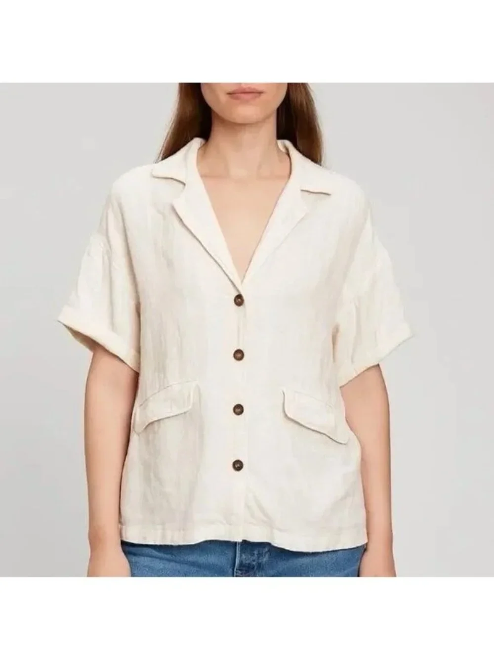 Free People M Without Trying Short Sleeve Pockets Blazer Tunic in Cream Ivory